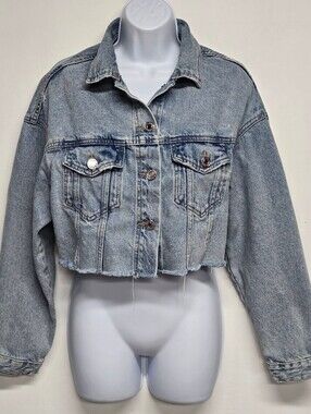 Garage P/S Blue Denim Jean Jacket Cropped Distressed Long Sleeve Quality Cotton
